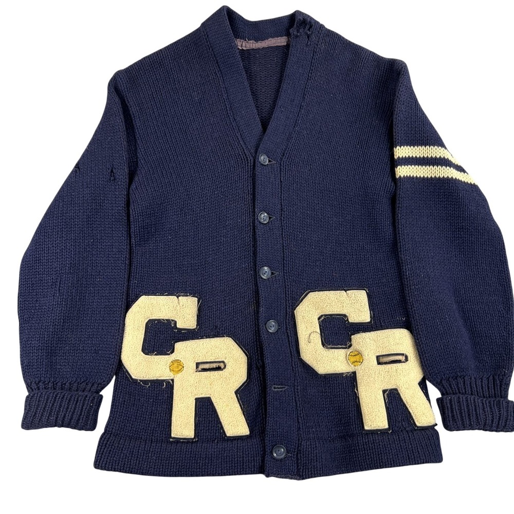 Vtg 50's Letterman Cardigan Sweater M Navy Wool Chenille CR Patches Varsity Men